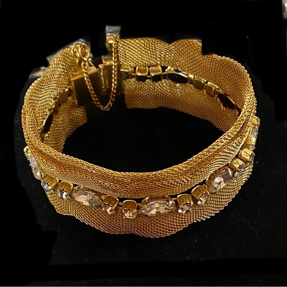 Wide Gold Mesh Bracelet with Clear Prong set Rhinestone Row. 7” - Picture 1 of 11